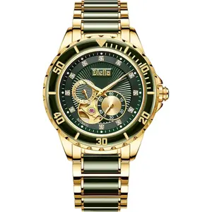 Diella Men's Automatic Mechanical Wrist Watches, Luxury Skeleton Watches for Men with Black Green Jade & Steel Strap