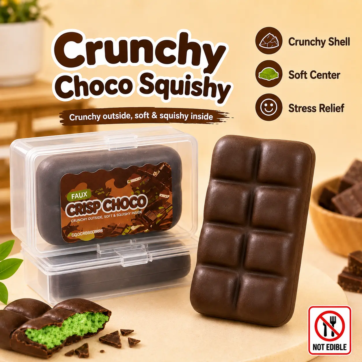 Crunchy Chocolate Bar Squishy Toy, Realistic Crackable Squeeze Stress Relief Sensory Fidget Toy with Storage Case for Teens and Adults, DIY