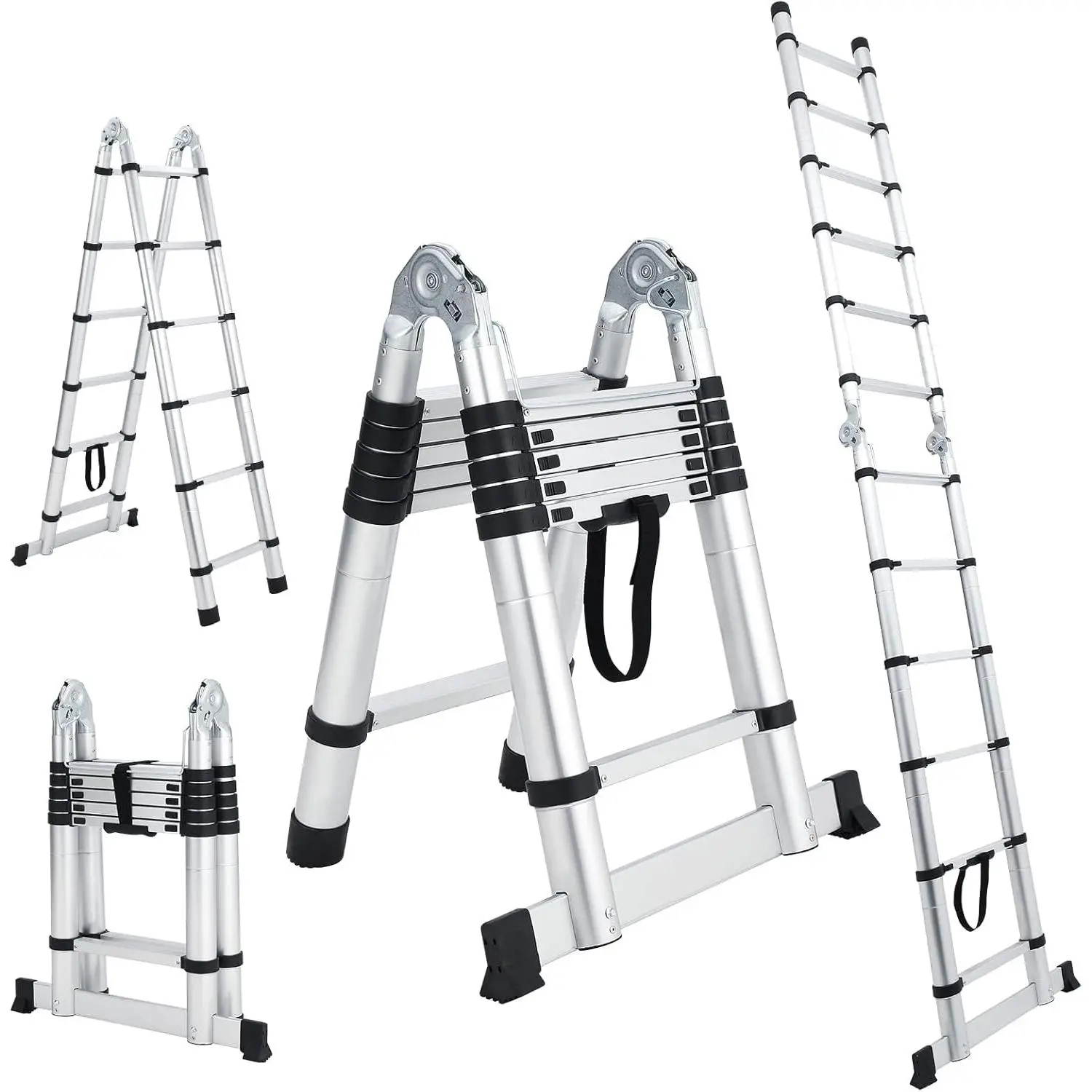 GARVEE 14.5FT Telescoping Ladder - Portable Aluminum Extension Ladder With Non-Slip Feet & Stabilizers, Collapsible A-Frame Design for Home & Outdoor Use
