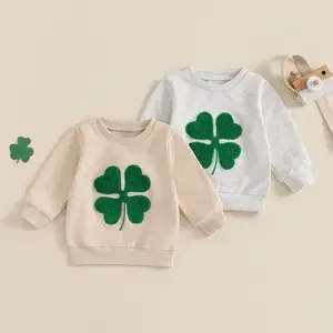 Canrulo Toddler Baby Boy Girl St Patricks Day Outfit Four Leaf Clover Embroidery Crewneck Sweatshirt Long Sleeve Shirts Tops