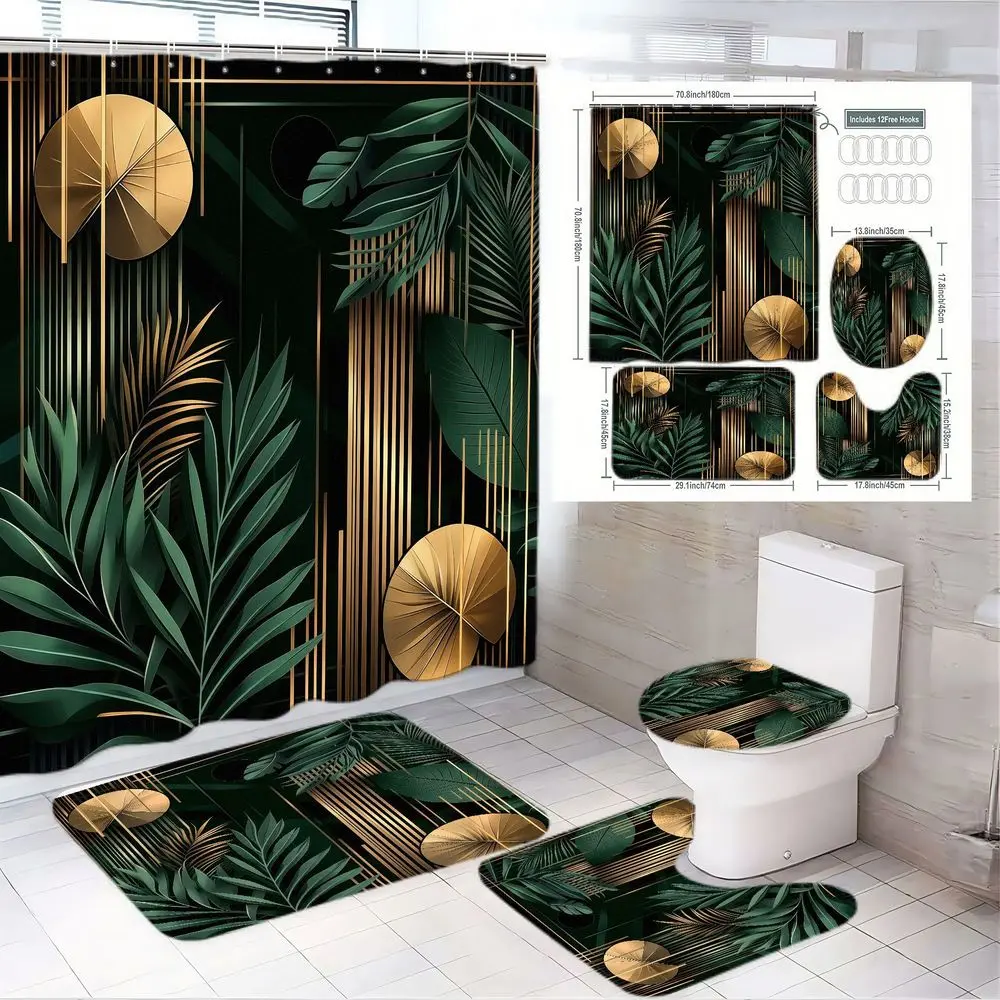 1/4pcs Tropical Bathroom Set, Bathroom Decor And Accessories, Bathroom Decoration Accessories - Dark Green Shower Curtain Sets with Golden Palm Leaves & Circles, 2 Bath Mats, Toilet Seat Cover (15 Hooks) - White Tile Bathroom Aesthetic Bathroom Accessory