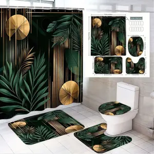 1/4pcs Tropical Modern Bathroom Set, Bathroom Decoration Accessories - Dark Green Shower Curtain Sets with Golden Palm Leaves & Circles, 2 Bath Mats, Toilet Seat Cover (15 Hooks) - White Tile Bathroom Aesthetic