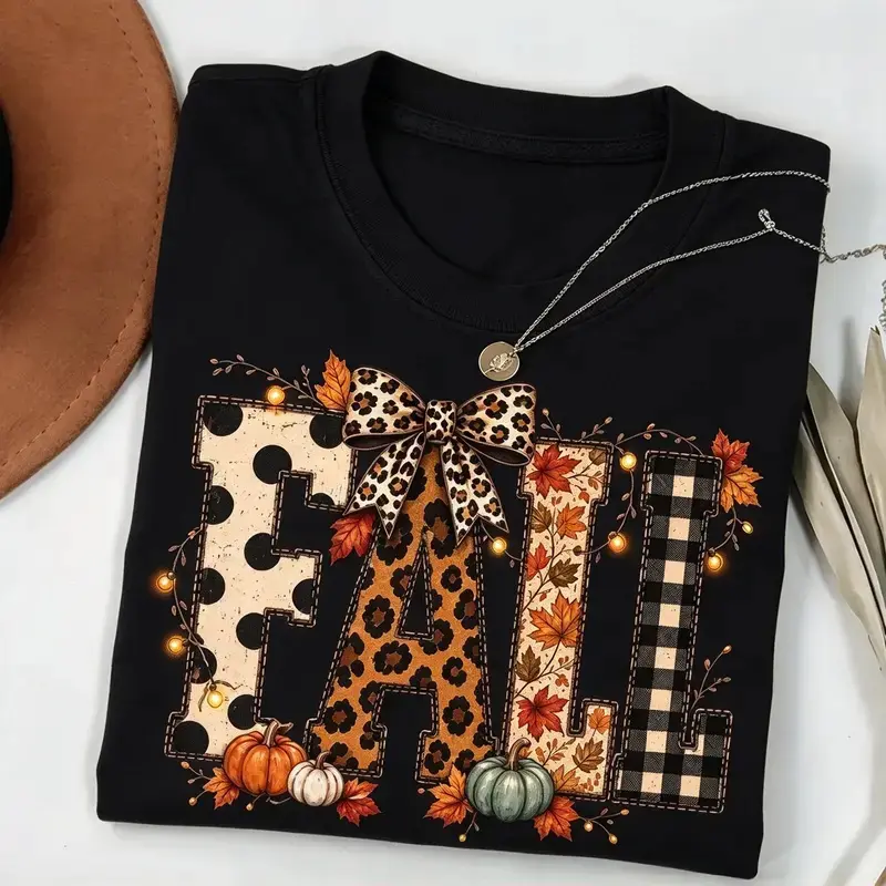 Cotton Leopard Plaid Fall Tshirt, Pumpkin Bow Autumn Graphic Tee, Cute Fall Lover Shirt, Cozy Pumpkin Season T-shirt