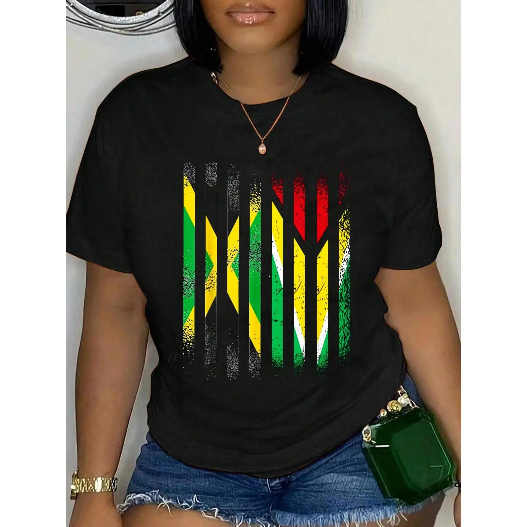 Women's 100% Guyana-Grown Cotton Knitted Round Neck Short Sleeve T-Shirt - Jamaica Flag Graphic, Flower, Plants, Letters, Soft (Romwe Exclusive), Breathable, Loose Fit, Fashionable, Slogan, Casual Streetwear Daily Tee