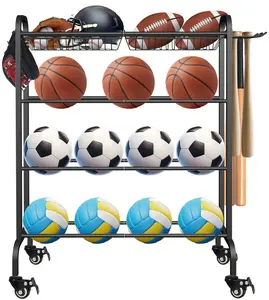 Garvee Multi-Sport Rolling Ball Storage Rack with Baseball Bat Holder and Hooks, Equipped with Wheels for Easy Mobility, Ideal for Organizing Volleyball, Football, Basketball, and Other Sports Accessories