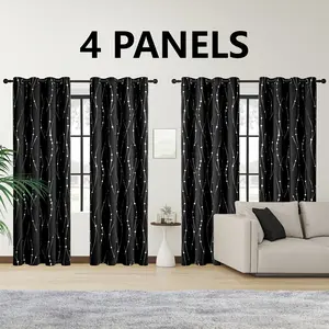 Four 84-inch Long Blackout Curtains, Suitable For Bedroom Living Room With Silvery Hot Stamping Wave Planet Pattern, Used For Dark Heat-insulating Hole-protecting Curtains, Curtains