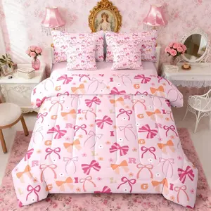 Bow Comforter Set with Sheets for Kids Boys Girls Floral 7 Pieces Bedding Set Cute Bowknot Bed in a Bag Kawaii Room Decor Personalized Initial Letter Soft Lightweight Microfiber
