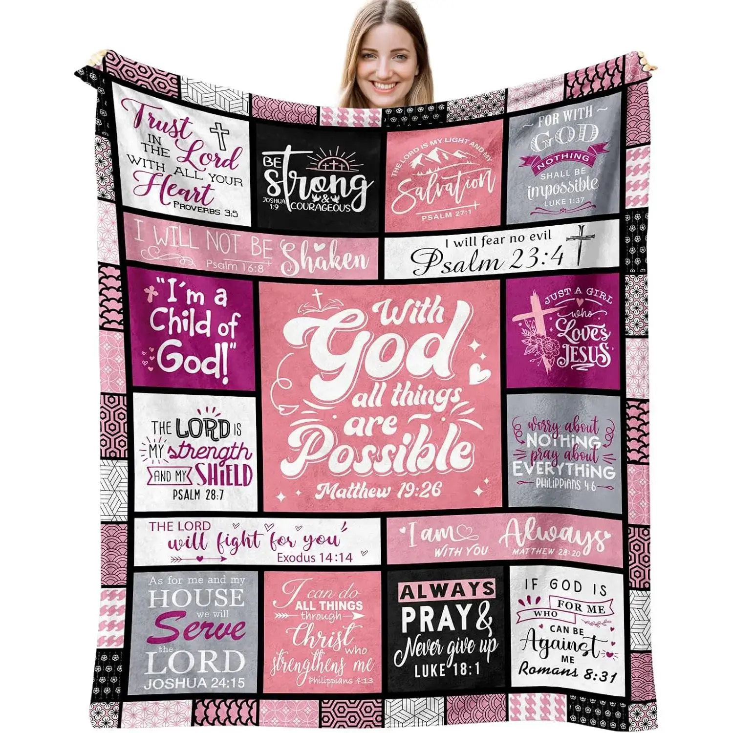 Pink Black Patchwork Bible Verse Christian Faith Flannel Throw Blanket Scripture Quote Religious Inspirational Warm Comfort Catholic Faith Women Prayer Room Decor Gift 30*40in 40*50in 50*60in 60*80in US Local Shipping Reversible 3D Fluffy cooling blankets