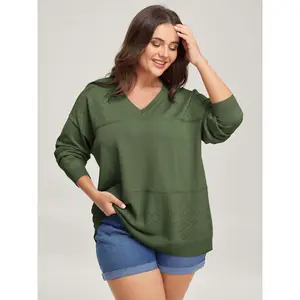 BLOOMCHIC Women's Plus Size Casual Long-Sleeve Nylon Army Fabric Super Soft Textured Eyelet Trim Pullover [M-6X], 2026 Summer Vibes,Spotlight,Summer wins,Deals for you days