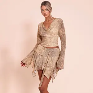 Woman's Snake Print Mesh Top Skirt Set V-neck Bell Sleeve Irregular Hem Sexy Outfit Nightclub Party Music Festival Vacation Mini Dress