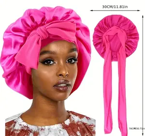 Bowknot Lace Up Satin Bonnet Solid Color Elastic Sleeping Night Cap Lightweight Bath Shower Cap Hair Bonnets For Women Female