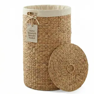 DEILSY Natural Round Water Hyacinth Wicker Basket with Lid and Removable Liner, Storage Basket with Lid and Handles, Handwoven Wicker Laundry basket for Bathroom, Bedroom, or Laundry Room