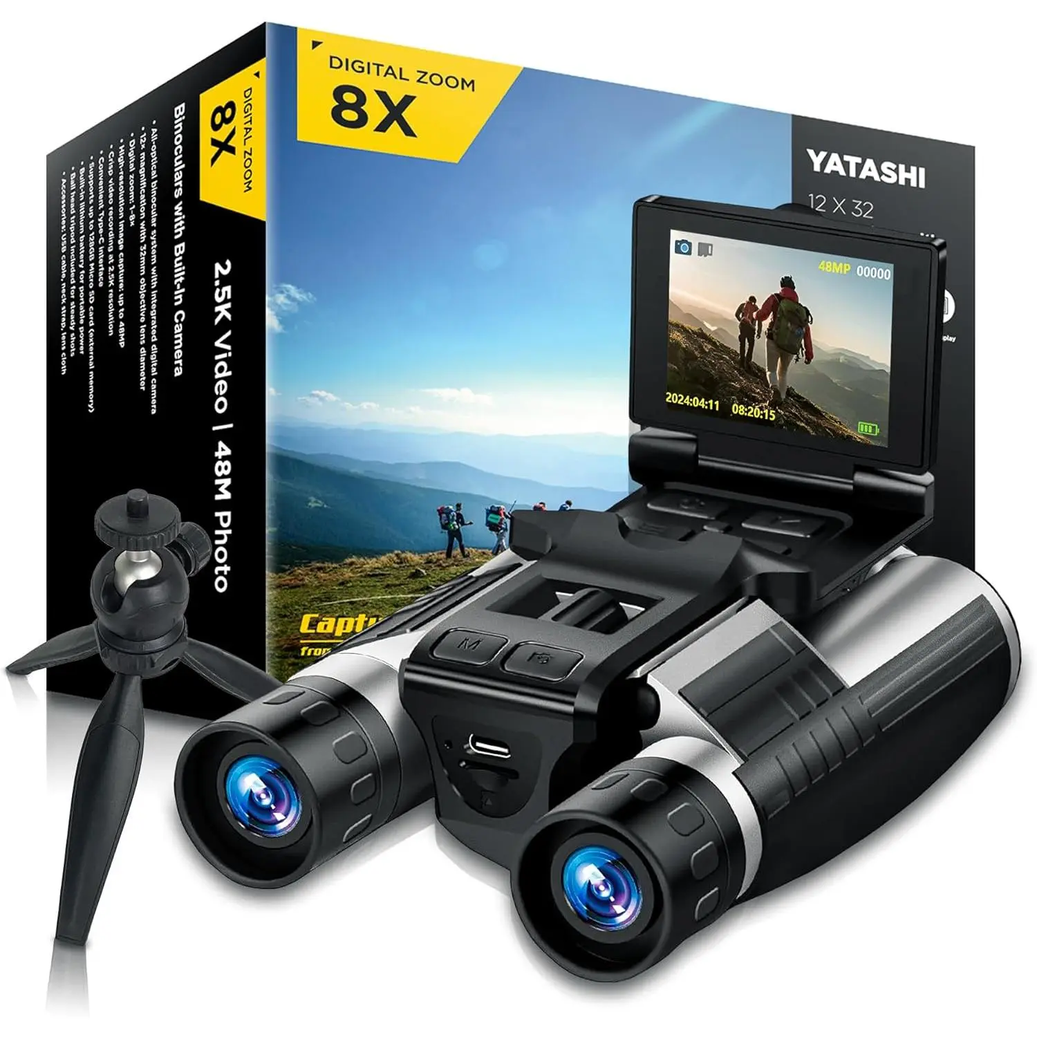 12x32 Digital Binoculars with Built-in HD Optical Camera, 48MP Photos, Easy Focus, LCD Screen, Instant View, Tripod Ready, 32GB Card, 1000mAh Rechargeable Battery, 24 IPS Display, 32mm Lenses, Extended Use Time for Wildlife & Birdwatching Adventures