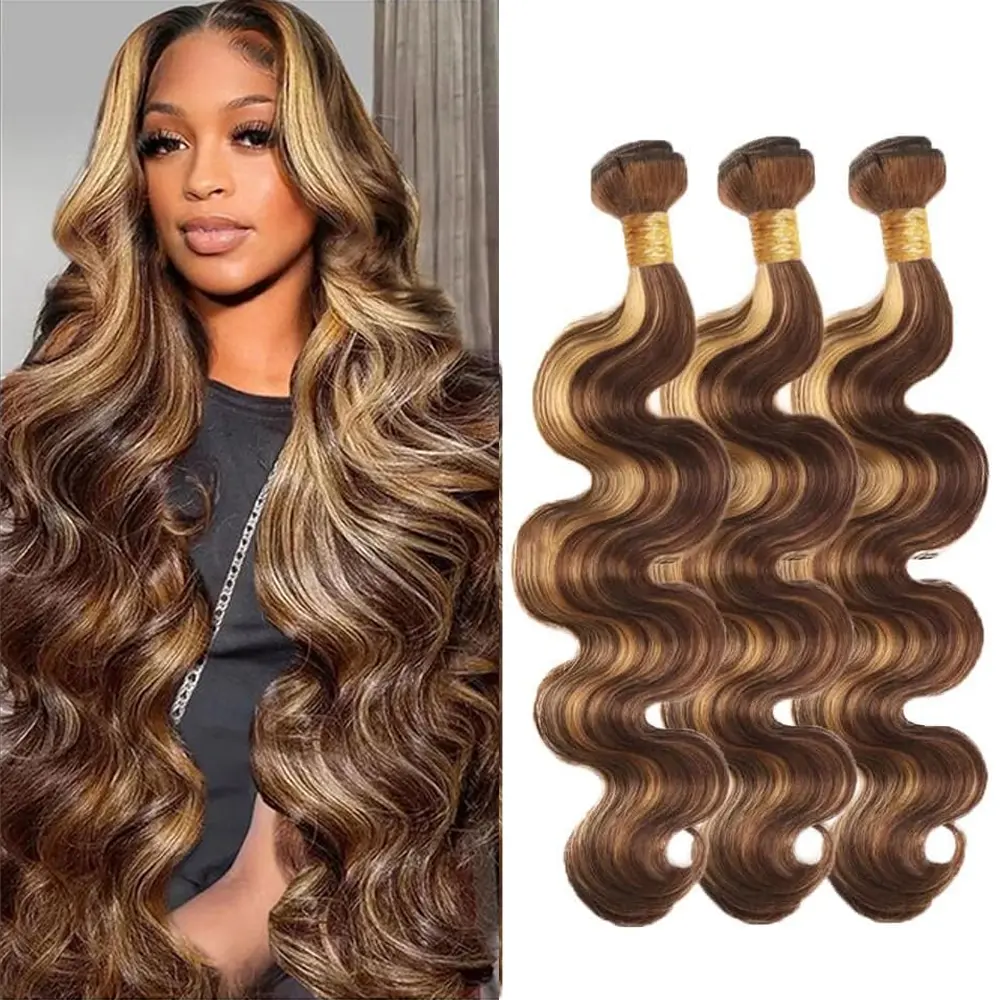 Ramiss Raw Cambodian Hair Bundles Body Wave P4/27 Highlight Blonde Human Hair Body Wave 3 Bundles 100% Unprocessed Virgin Hair Bundles Blonde  2x6 4x4 Lace Closure with Body Wave Bundle Weaves Extensions