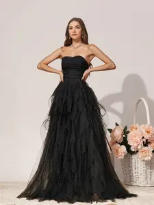 Elegant Mesh Evening Gown, Sleeveless A-Line Long Dress, Bustier Cake Layer Design, Perfect for Weddings & Special Events
