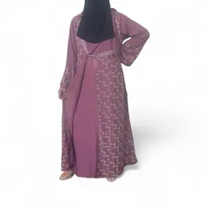 Women's Islamic Cherry Georgette Abaya with Stone Work, Floral Pattern, Hijab – Party Wear for Elegant Occasions