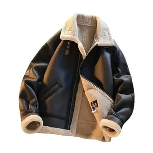 Sheepskin One-piece Jacket Men Winter Fleece Lined Thickened Motorcycle Jacket Trendy Brand Deerskin Velvet Jacket Cotton Jacket Lamb Wool Leather Jacket(Sheets)