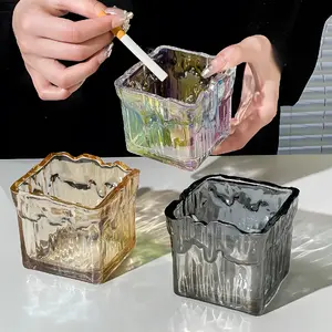 Glacier Pattern High-end Ice Cube Square Ashtray Glass, Light Luxury Niche Creative Home Living Room Decoration