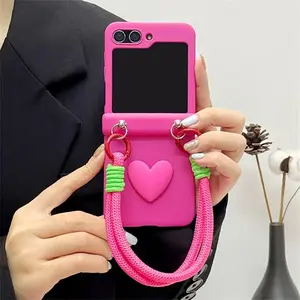 3D Heart Shaped Phone Case with Lanyard, Fashion Phone Protective Cover, Phone Accessories Compatible with Samsung Galaxy Z Flip 3 4 5 6, Casing