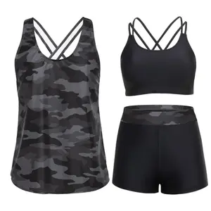 Women's 3-Piece Tummy Control Tankini Swimsuit, Quick Dry Padded Bra Top + Boyshort Bottom Modest Bathing Suit for Women Teens Beach Pool Swimwear