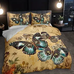 3pcs Butterfly Couple Pattern Print Blanket Set, Soft Polyester Fabric, Zipper Design, Modern Style Bedding Essentials