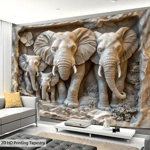 1 oversized 2D flat tapestry, non-real stone carved elephant family group photo background wall hanging, Tapestry Wall Mural, large polyester tapestry, Wall Tapestries, suitable for living room, bedroom, office home party decoration, with hanging clip.