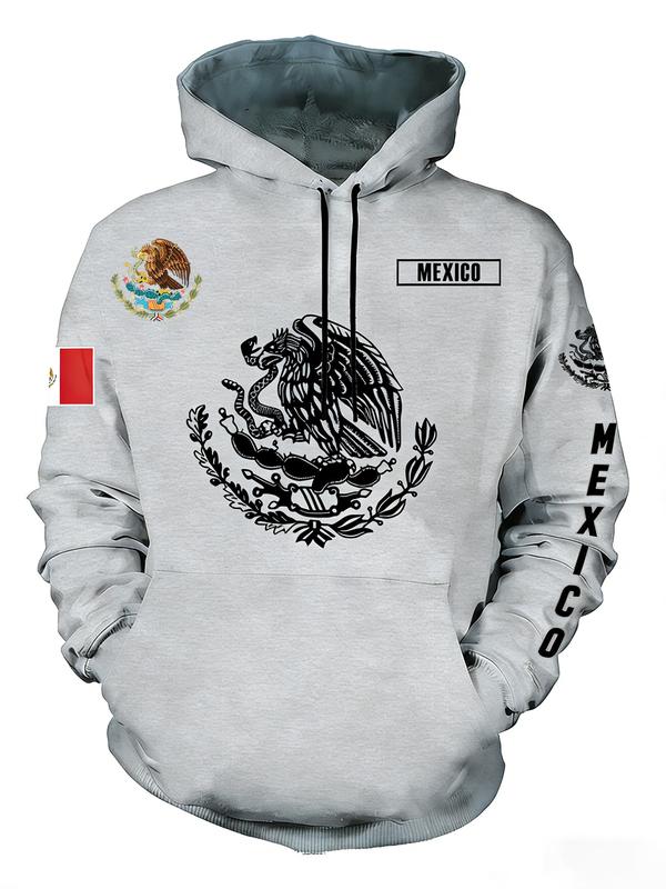 Mexican Cultural Pride Print Hoodie, National Pride Printing, Casual Fitted Design, Long Sleeve, Drawstring Pockets, Fall & Winter