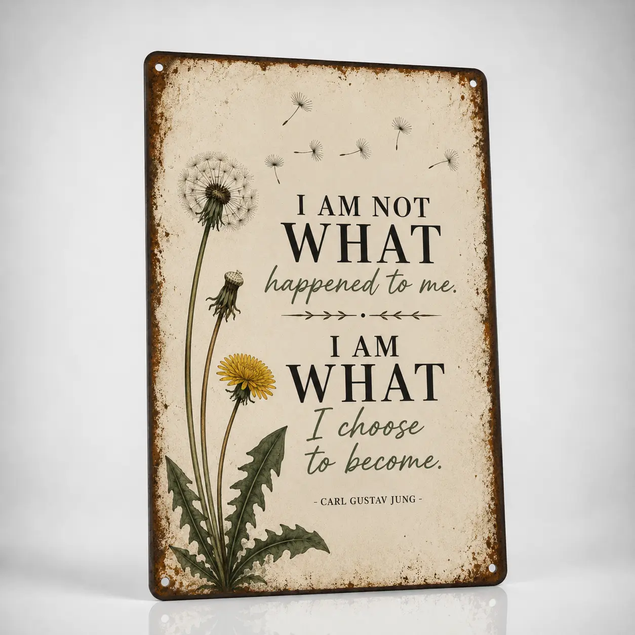 Artistic Rustic Durable Rectangle Aluminium Wall Mount Hangable Decorative Sign - Carl Gustav Jung Inspirational "I Am Not What Happened to Me" Quote, Dandelion Design, Universal Living Room & Office Home Decor Plaque
