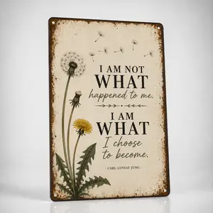 Rustic Aluminium Metal Wall Art Plaque Sign - Carl Gustav Jung "I Am Not What Happened to Me" Inspiring Quote Decor with Dandelion Design for Home, Outdoor Use
