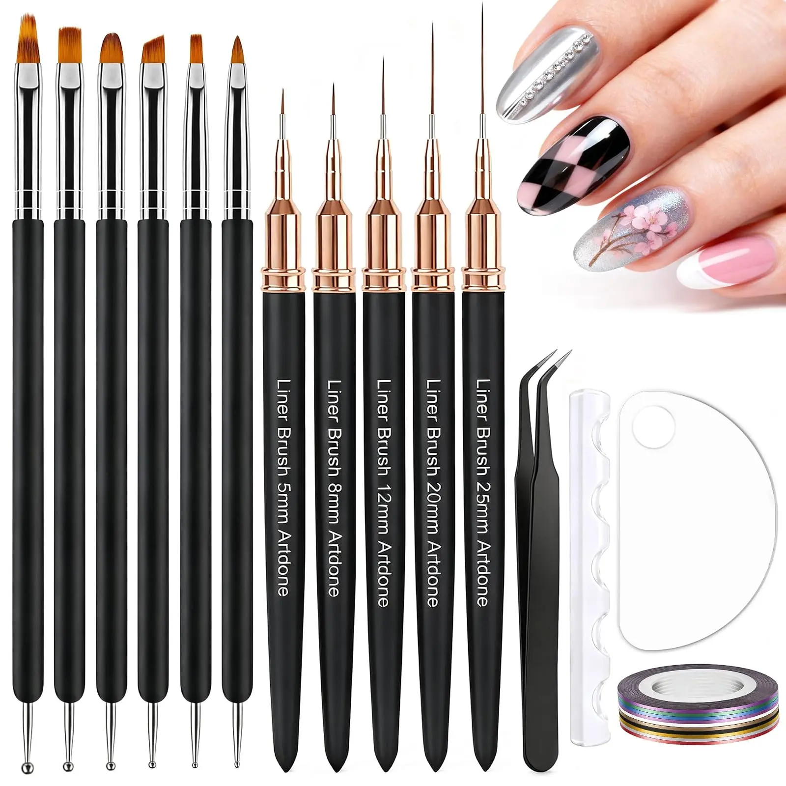 Nail Striping Tape Lines Kit With Nail Art Pens Liner Brushes | Dotting Tools For Gel Polish Small Detail Drawing Design Paint