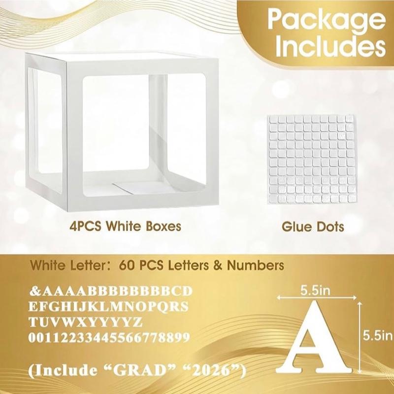 Ledido 2026 Graduation Balloon Boxes Decorations, 4 Pieces White Clear Grad Balloon boxes with Letters, Class of 2026 Graduation Party Supplies for College, High School, Prom, Birthday, Baby Shower