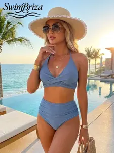 Briza｜Ribbed Halter Wrap Bikini In Blue Striped Retro Swimwear With High Waisted Bikini Sets And Two-Piece Swimsuit For Women Plus Vacation Swimwear For Women As A Poolside Bathing Suit With Supportive Fit And Chic Confidence