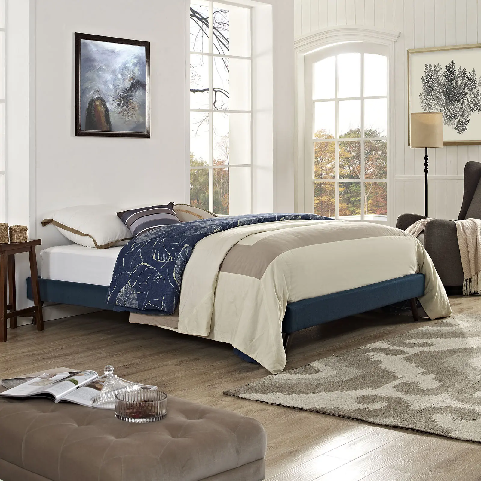 Modway Helen Queen Fabric Bed Frame with Round Splayed Legs in Azure