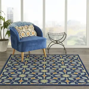 Nourison Caribbean Navy Contemporary Floral Indoor/Outdoor Waterproof Area Rug, 5'3"x5'3" Square, Contemporary Rugs, Floral Area Rug