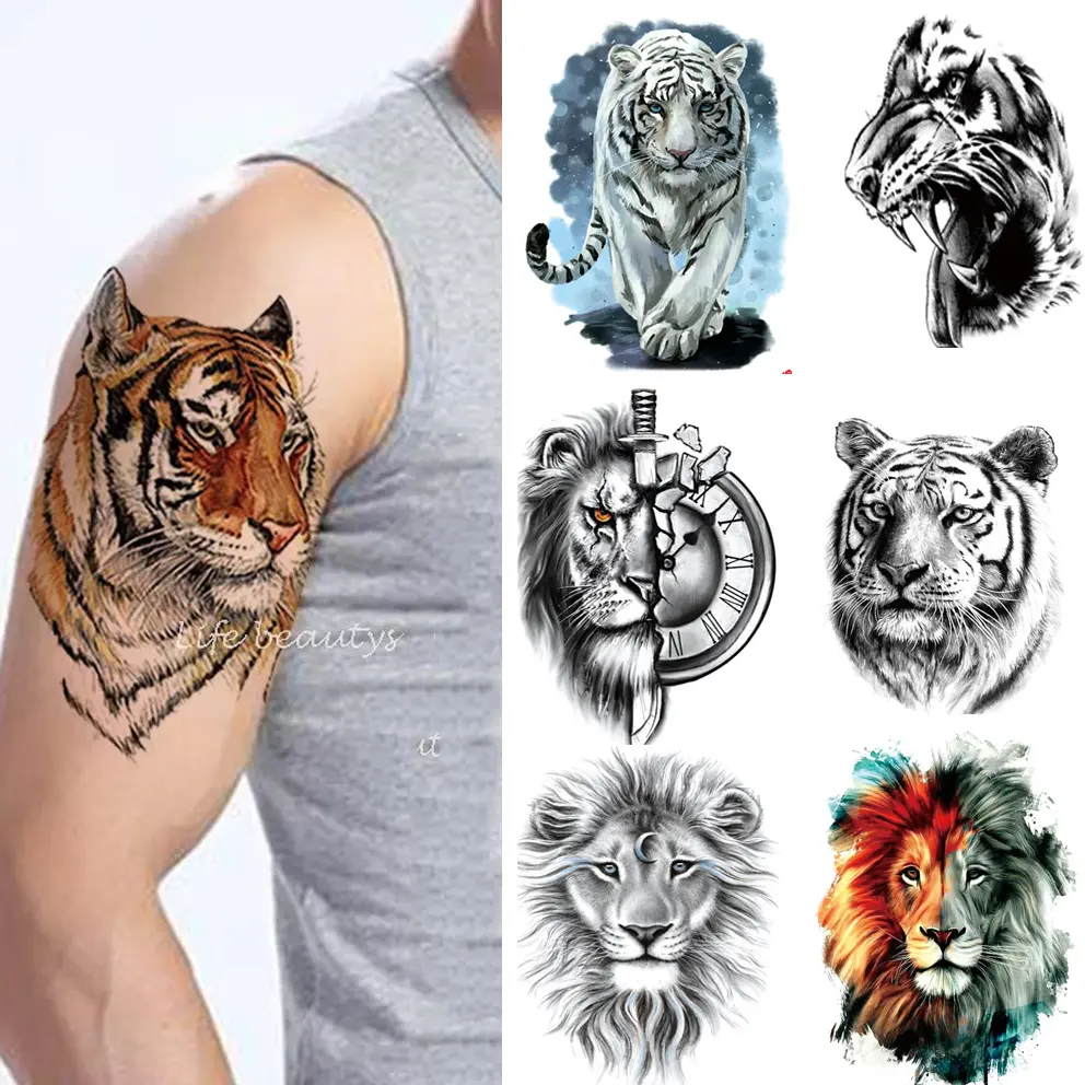 7-Piece Temporary Tattoo Sticker Set, Realistic Tiger, Lion & Wolf Designs, Waterproof, Long-Lasting & Removable Glitter Body Art for Men and Women
