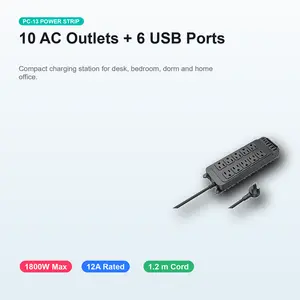 10-Outlet Power Strip with 6 USB Ports, 1800W 12A Desk Charging Station, 4 USB-A 2 USB-C, 4 ft Extension Cord, ON/OFF Switch
