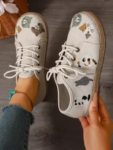 Women's Embroidered Cat Design Sneakers, Straw-Lined Fisherman Style Shoes, Trendy Canvas Footwear for Daily Wear & Casual