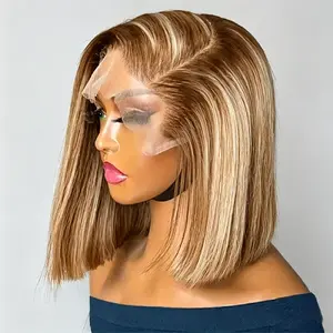 Glueless Short Bob Wig 4/613 Highlight Wig Human Hair Honey Blonde Lace Front Wig Super Double Drawn Bone Straight Lace Frontal Wig Brazilian Colroed 100% Human Hair Wigs Pre Plucked 180 Density