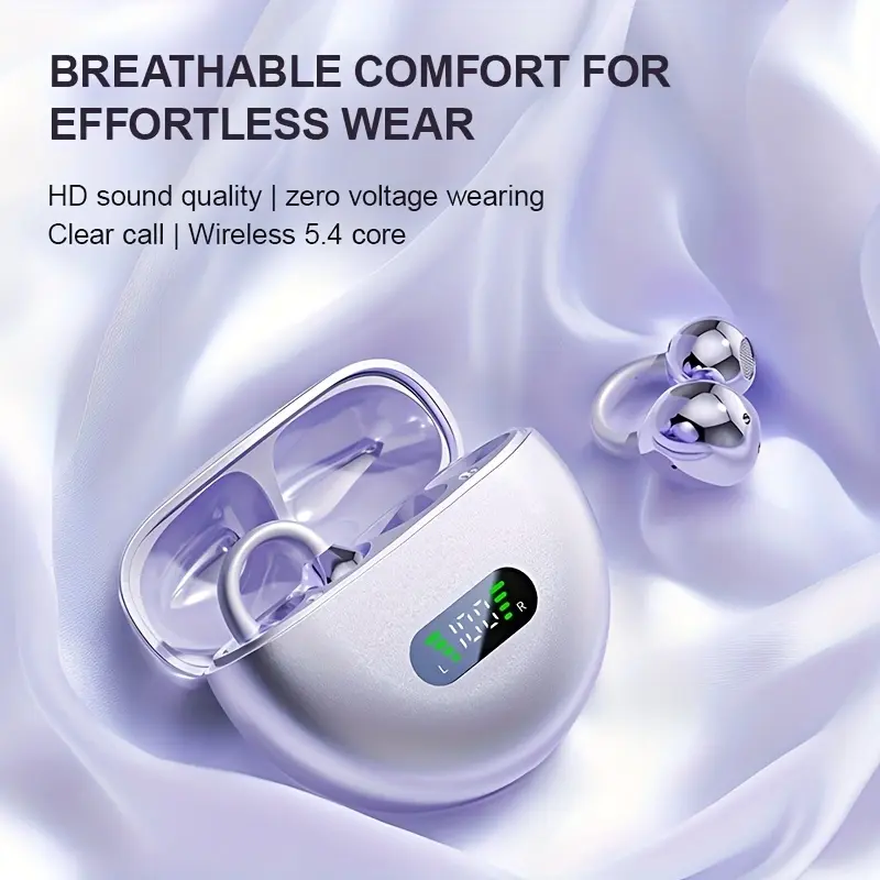 Bluetooth Hands-Free Open-Ear Headphones - Clip-Style, Cordless USB Rechargeable, Adjustable Soft Cushioned Hook, Lightweight Single-Wear, Pressure-Free Long Use, Secure for Workouts, Compatible with Eyeglasses, Compatible With Eyeglasses Open-Ear Headpho