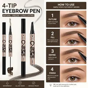 Double Sided Brow Pen with Brow Tint Gel, 4-Fork Micro Tip Creates Realistic Brow Hairs, Waterproof Longwear for Newbies, 3 Shades for All Complexions