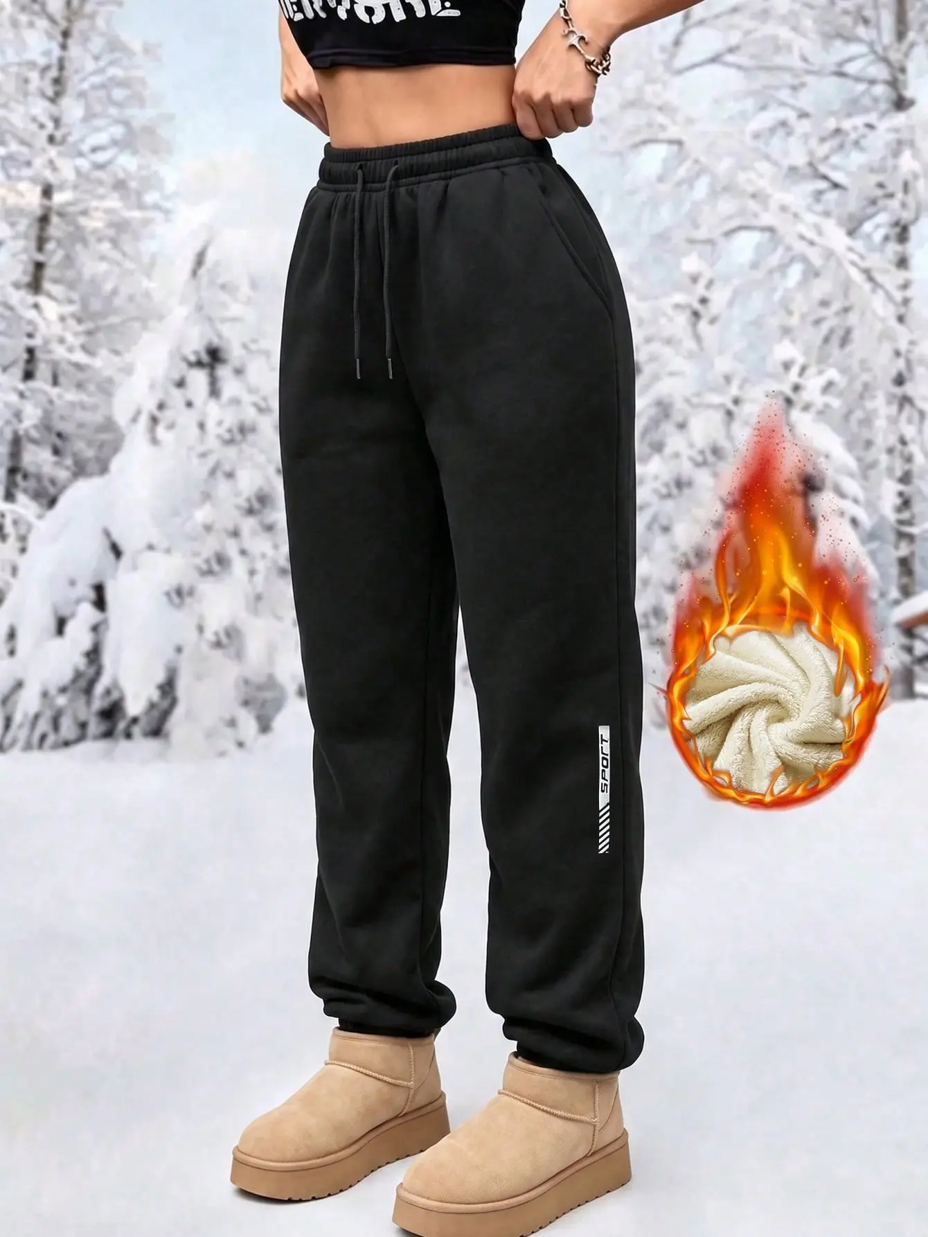 Women’s winter fleece-lined sweatpants with elastic waistband and drawstring, warm cuffed long pants for outdoor snow activities and casual wear, thickened design