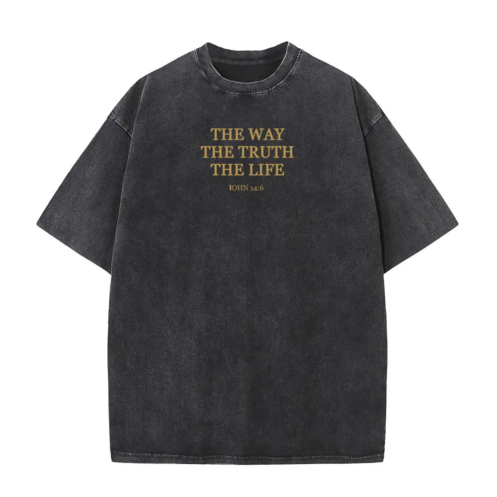 Oversized Christian Shirts for Men Vintage Faith Acid Wash Tshirts Jesus is The Way The Truth The Life - John 14:6 Washed T-Shirt