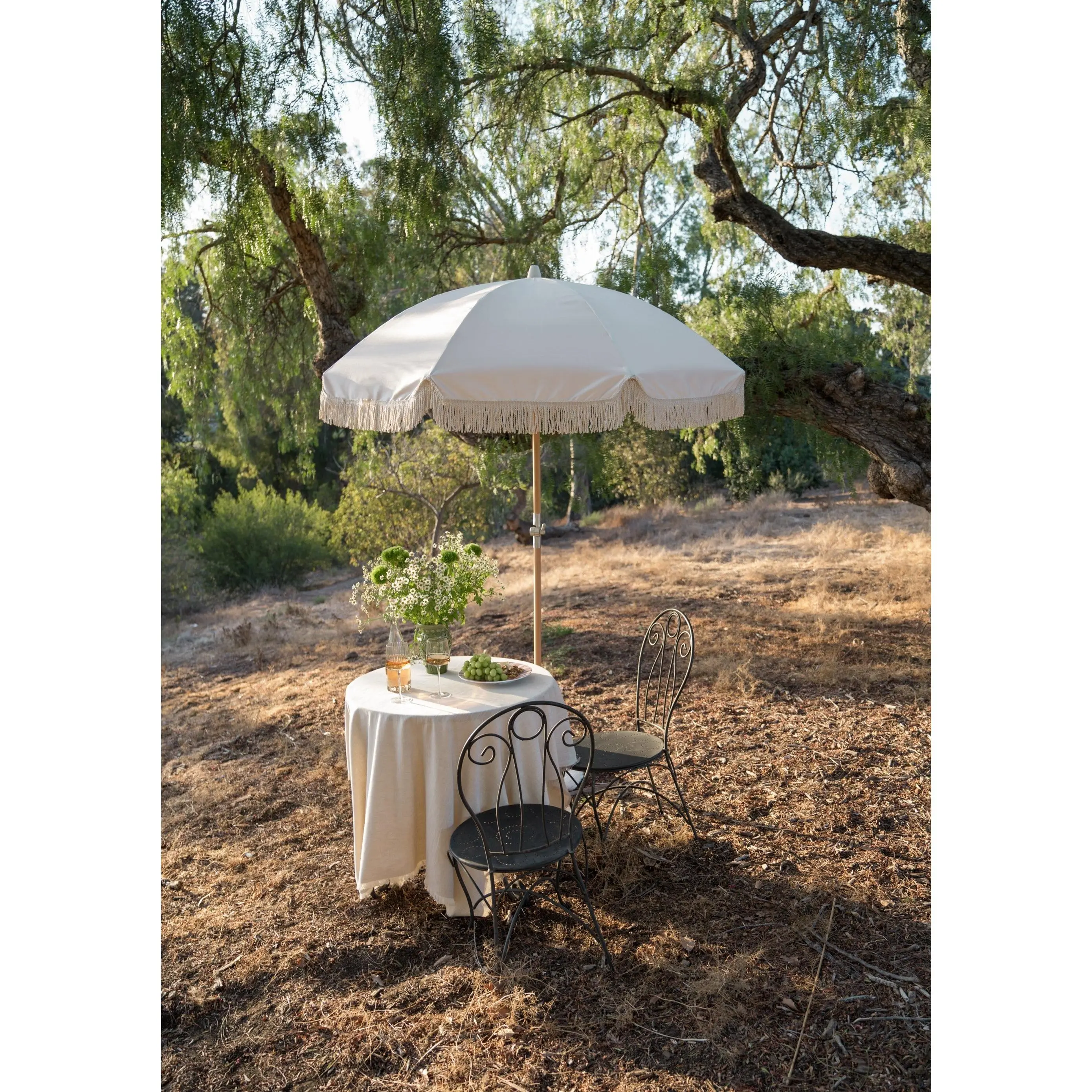 Vintage White Fringe Tassel Patio & Beach Umbrella