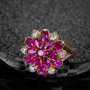 Women's Elegant Copper-Plated Real Gold Ring - Large Floral Design with Red Corundum, Zirconia, Elegant Fashion Rings for Sports & Outdoor Accessory Jewelry