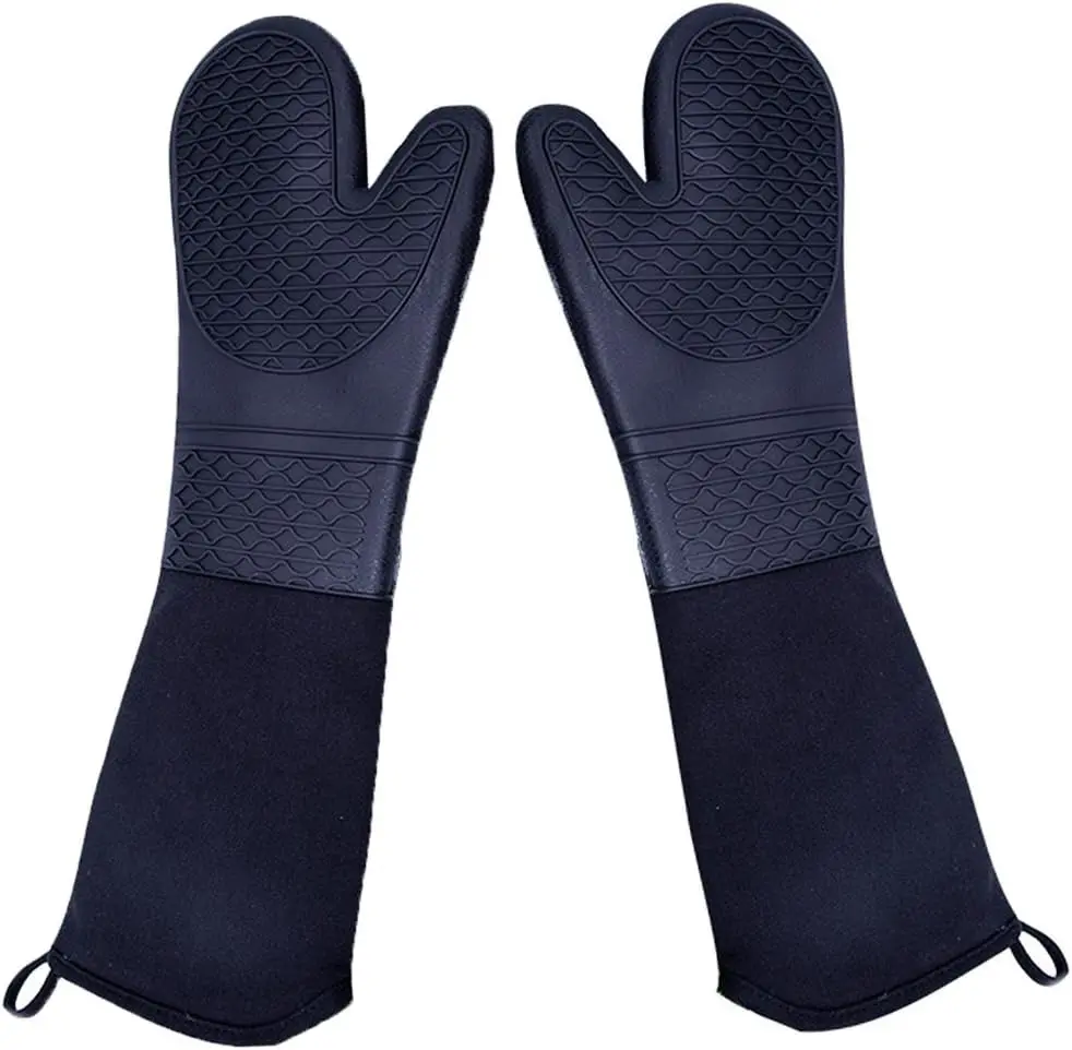 2 Pcs Set Silicone Oven Mitts - Extra Long, Heavy-Duty Commercial Grade, Heat Resistant BBQ Gloves with Quilted Cotton Lining (2 Gloves), Two Gloves