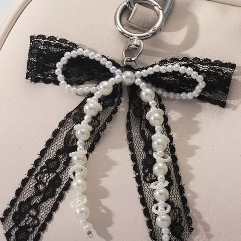 Simple pearl lace bow keychain, black and white contrast beaded pendant, niche design bag pendant, keychain small shoulder crossbody bag small object pendant keychain, Keychain For Bags, Keychain For Purse, Stylish Keychain, Stylish Keyring