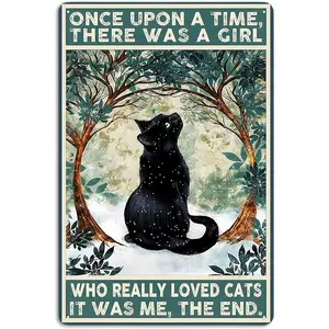 Wall art metal poster Black Cat Decor Tin Signs Once Upon a Time There was a Girl Who Really Loved Cats Personalized Metal Art Poster Gift For Women And Girl Home Kitchen Bedroom Garden Coffee Wall Decor 8x12 Inch