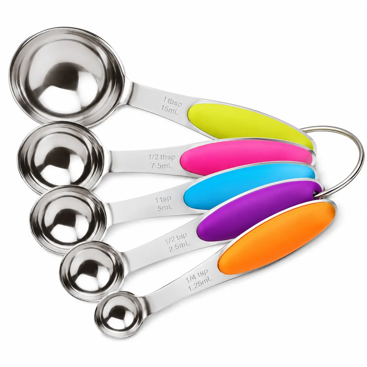 5-Piece Stainless Steel Multi-Size Measuring Utensil Kit for Kitchen - Multicolor Handles Tablespoons & Teaspoons, Non-Slip Grip, Hanging Hole for Cooking, Baking