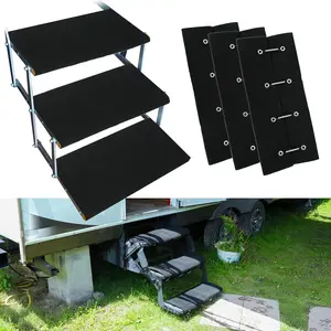 3 Pack Step Covers Rugs, 23 Inch Wide Camper Step Stair Covers, Wrap Camper Stair Rugs Radius Carpet with Spring Hooks, Black