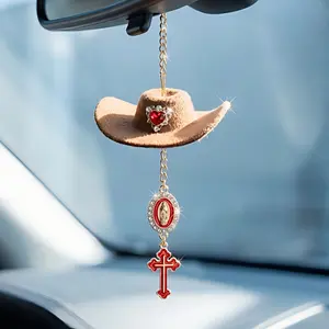 Faith Charm - cowboy hat with Virgin Mary charm and rhinestone trim. Red cross hanging charm Car Hanging Decoration Car Interior Ornaments